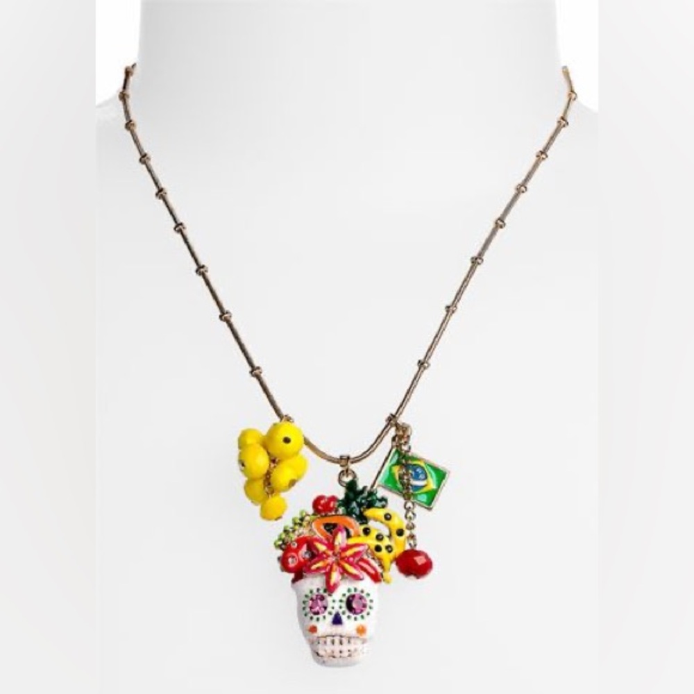 Vintage Betsey Johnson Fruit Hat Sugar Skull Day Of The Dead/Brazil Necklace